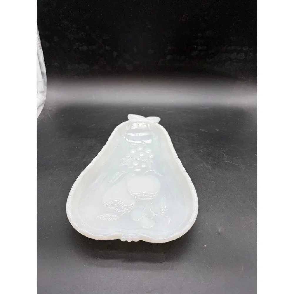 Vintage Milk Glass Pear Shaped Serving Fruit Floral Embossed Trinket Dish White